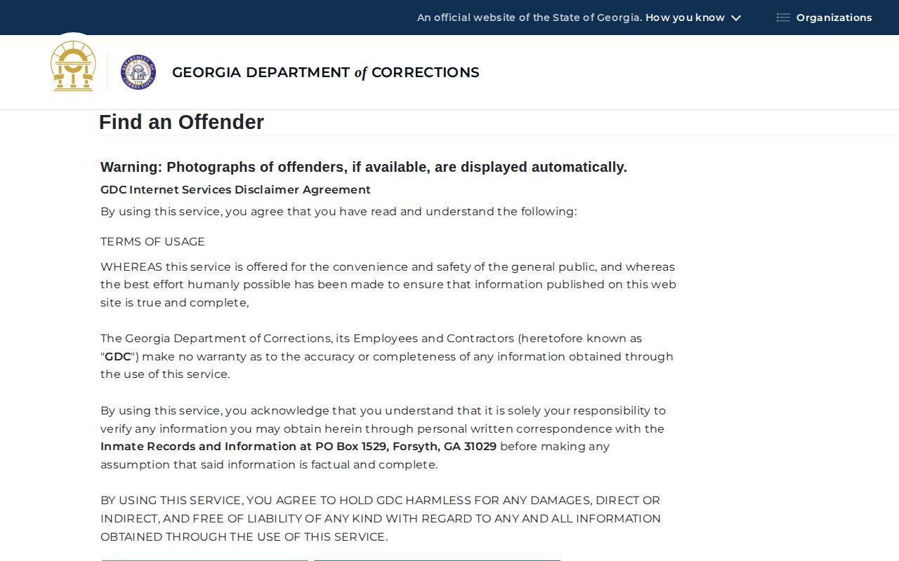 Georgia Department of Corrections offender search form used for McIntosh County state custody lookup