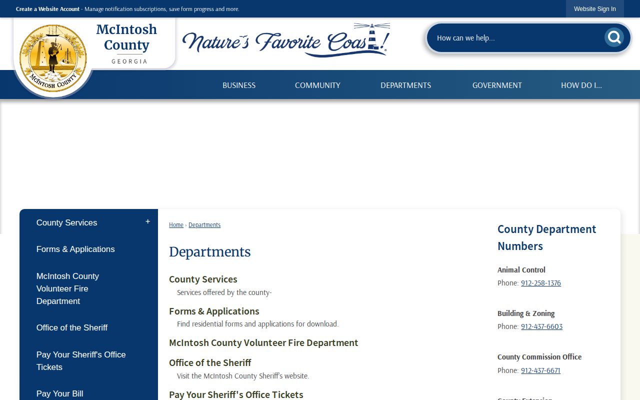 McIntosh County departments page linking to the Office of the Sheriff